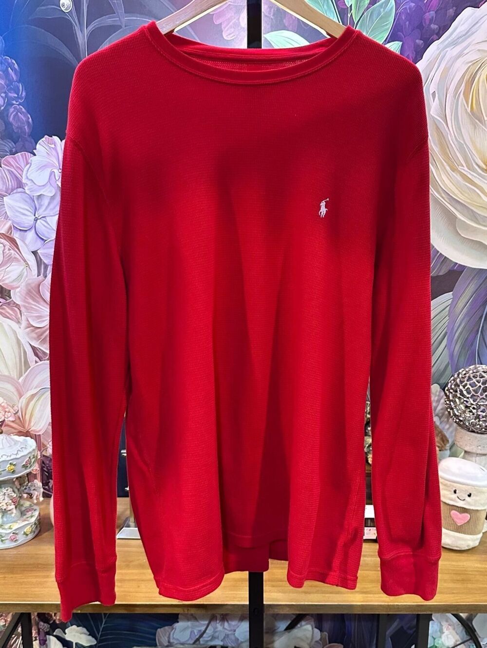 Polo Ralph Lauren Men's XL Thermal Waffle Knit Pajama Shirt Long Sleeve Red Logo
